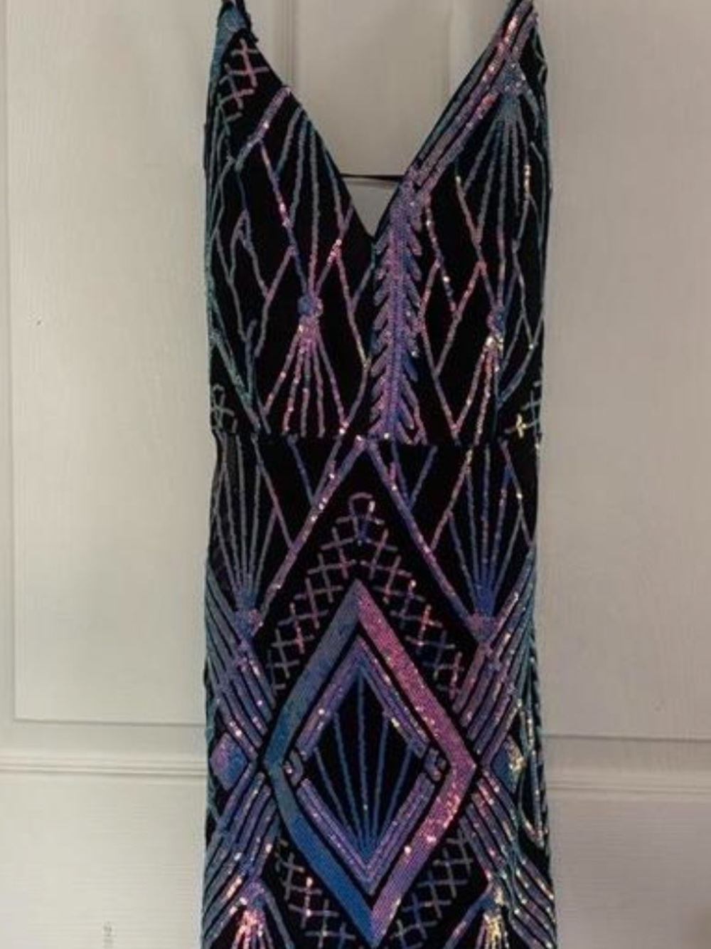 Emerald Sundae Black Sequin V-Neck Dress with Iridescent Purple and Blue Accents